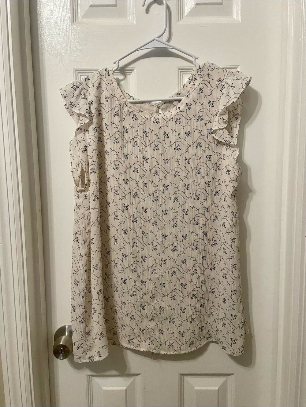 LOFT Cream Blouse with Navy Floral Print and Ruffle Sleeves